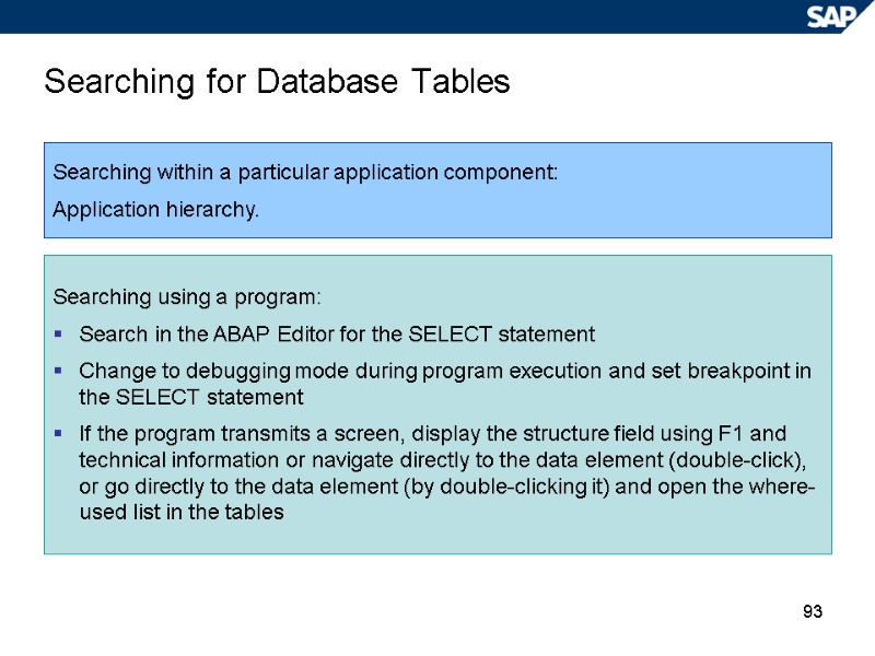 93 Searching for Database Tables Searching within a particular application component: Application hierarchy. Searching